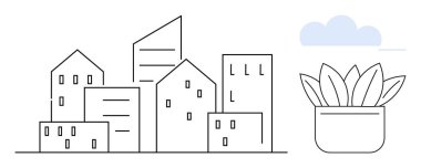 Line art of city buildings with geometric shapes, a potted plant beside them, and a subtle cloud in the sky. Ideal for urban life, sustainability, minimal design, architecture, green spaces