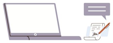 Open laptop, chat bubble, and signed document represent modern communication, electronic agreements, and productivity. Ideal for remote work, collaboration, digital contracts, multitasking