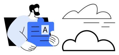Person holding puzzle piece with text, paired with stylized clouds. Ideal for teamwork, strategy, problem-solving, education, cloud computing, conceptual thinking, simple flat metaphor