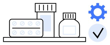 Medication bottles and blister pack on a shelf alongside gear and checkmark graphics. Ideal for healthcare, pharmacy, medication safety, logistics, quality control, healthcare technology, simple flat