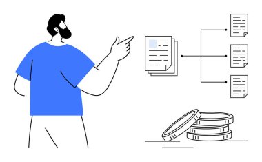 Man gesturing at organized documents linked to coins, symbolizing financial workflow. Ideal for budgeting, management, data structuring, business growth, planning, decision-making, income concepts