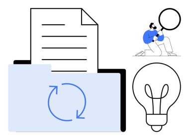 Open folder with arrows, document sheet, light bulb, and man with a magnifying glass. Ideal for data organization, teamwork, creativity, brainstorming, innovation workflow digital transformation