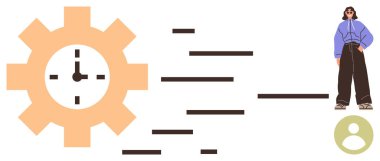 Large gear with a clock inside symbolizes time management, alongside a person in modern clothing. Ideal for productivity, efficiency, teamwork, workflow, planning, organization time tracking. Simple