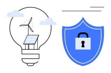 Lightbulb with solar panel and wind turbine, symbolizing renewable energy, paired with a shield and lock for data security. Ideal for sustainability, green energy, data protection, technology