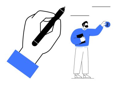 Hand holding pen sketching ideas and a professional presenting a dollar coin. Ideal for business, finance, communication, planning, education, creativity, success themes. Simple flat metaphor