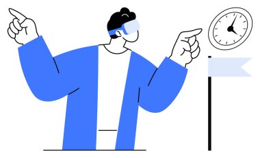 Man wearing VR glasses pointing toward a clock and a flag, symbolizing time management, goal setting, futuristic technology, innovation, exploration, education, and achievements. Simple flat metaphor