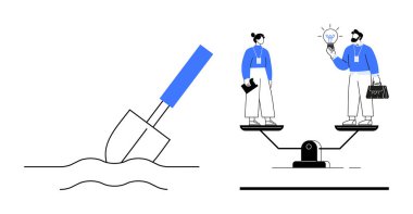 Shovel digging into soil and individuals on a balance scale exchanging ideas. Ideal for teamwork, innovation, collaboration, equality, work-life balance, productivity, effort-reward synergy. Simple