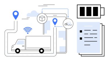 Delivery truck on route with GPS markers, wireless signals, smart device, package details, and stack of documents. Ideal for logistics, transportation, delivery services, tracking technology supply