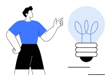 Person in a casual pose pointing at a light bulb with creative filament design. Ideal for innovation, creativity, inspiration, brainstorming, problem-solving, design thinking, education. A simple