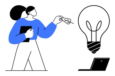 Professional woman tossing paper, holding a tablet, large glowing lightbulb and laptop. Ideal for innovation, brainstorming, creativity, problem solving, technology, productivity business strategy