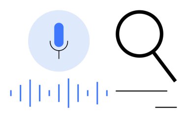 Blue microphone, sound waves, magnifying glass, and search bar concept for technology, innovation, communication, voice recognition, digital search, AI and accessibility in a simple flat metaphor