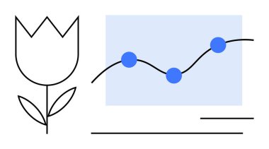 Minimalist flower next to a line chart with data points representing progress or growth. Ideal for analytics, nature, business, innovation, sustainability, education, progress. A simple flat metaphor