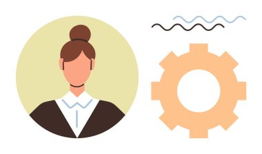 Female figure with formal attire and bun hairstyle next to gear icon, symbolizing leadership, teamwork, professionalism, personal growth, innovation, collaboration, and management as a simple flat
