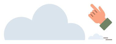 Hand pointing above a large cloud with smaller clouds nearby, symbolizing action, direction, cloud computing, technology, innovation, decision-making, and teamwork in a minimalistic flat style
