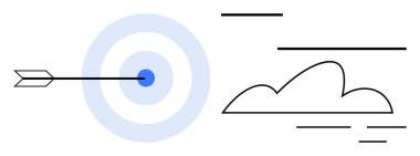 Arrow hitting bullseye in blue concentric target, minimalist cloud, and horizontal lines. Ideal for focus, success, strategy, precision, leadership goals and achievement concepts. Simple flat