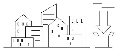 City skyline of various buildings and structures with an arrow pointing to an open box. Ideal for urban planning, delivery, logistics, storage solutions, organization, data migration, and creative