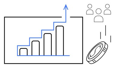 Bar chart increasing with arrow upward, coin representing revenue, group of people symbolizing teamwork. Ideal for growth, finance, teamwork, economics, funding, business success simple flat