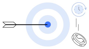 Arrow piercing the center of a target, accompanied by a clock and a coin. Ideal for goal achievement, time management, financial success, precision, focus, productivity, simple flat metaphor