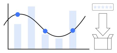 Bar chart with trend line and data points, feedback stars, and box with arrow. Ideal for analytics, business strategy, feedback integration, product delivery, data interpretation, results tracking