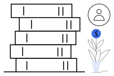 Stack of books with a potted plant featuring a dollar sign bloom and a person icon, symbolizing education, personal growth, and financial success. Ideal for concepts thumbs up learning, investment