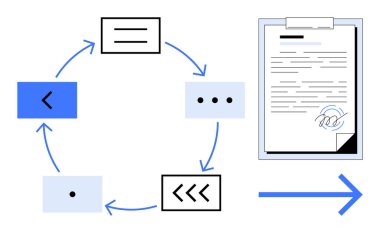 Circular flow with arrows linking process steps, ending in a signed document with an arrow. Ideal for workflow, approval process, progression, efficiency, organization, management, simple flat