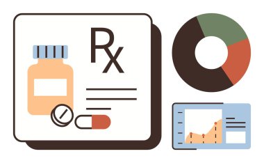 Medication bottle, pills, prescription details with pie chart and growth chart. Ideal for healthcare, pharmacy, analytics, research, data-driven decisions, reports simplified strategy illustration