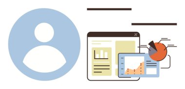 User profile icon next to analytical dashboard featuring bar graphs, pie chart, and line chart. Ideal for data analysis, business strategy, digital marketing, user interface, teamwork, presentations