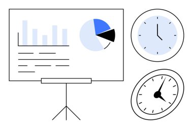Whiteboard with bar and pie charts, two clocks showing different times. Ideal for planning, analysis, time management, productivity, presentations, strategy efficiency. Simple flat metaphor