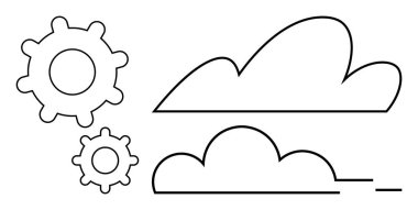 Two outlined gears beside two cloud shapes reflecting technology, teamwork, innovation, and digital connection. Ideal for computing, cloud networking, engineering, strategy, tech progress simple
