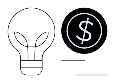 Lightbulb outline with dollar coin highlights ideas, problem-solving, and economic success. Ideal for business, startups, innovation, entrepreneurship, finance investment strategy. Simple flat