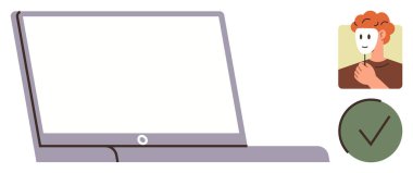 Bilgisayarı kullanıcı portresi ve yeşil işaretin yanında aç. Güvenlik için ideal, çevrimiçi onay, kullanıcı onayı, teknoloji, yönetim, dijital araçlar, olumlu sonuç. Basit düz metafor