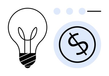 Light bulb beside a dollar sign in a blue circle with dots and a line. Ideal for finance, business, innovation, creativity, entrepreneurship, investment, success. Minimalist simple flat metaphor