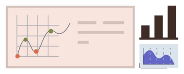 Line graph with data points on grid, bar chart, and area chart presenting data insights. Ideal for analytics, statistics, business growth, strategy, planning, education simple flat metaphor