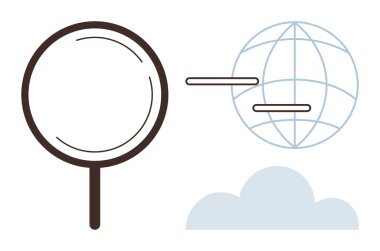 Magnifying glass focusing on global network lines with a subtle cloud. Ideal for research, global analysis, connectivity, digital technology, search, exploration, innovation, simple flat metaphor