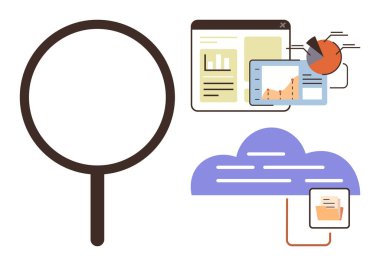 Magnifying glass near digital charts, graphs, and cloud storage. Ideal for analytics, research, technology, data hosting, business growth strategy and cloud computing. Simple flat metaphor