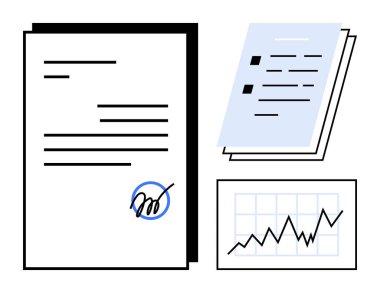 Contract with signature, checklist, and growth chart representing agreement, analysis, organization, and planning. Ideal for business process, finance, strategy management productivity and simple