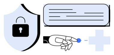 Shield with lock symbol, robotic hand interacting with interface, and plus sign. Ideal for technology, cybersecurity, AI, digital authentication, innovation, data privacy and futuristic design