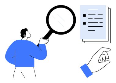 Person holding magnifying glass inspecting checklist. Hand pointing at tasks. Ideal for analysis, organization, productivity, planning, research, accuracy process assessment. Simple flat metaphor