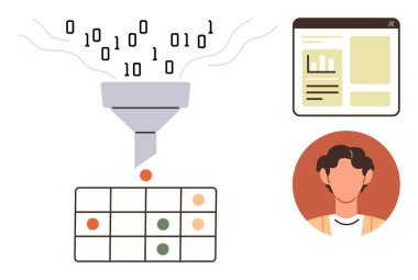 Binary data passing through a funnel, transforming into categorized results in a table, accompanied by a digital chart and user profile. Ideal for analytics, data processing, machine learning