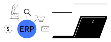 ERP node centralized among icons for factory, magnifier, cart, dollar, and email near a laptop. Ideal for business, management, automation technology operations strategy software. Simple flat