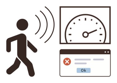 Person walking near a motion sensor with dashboard showing alert message and speedometer. Ideal for technology, smart systems, alerts, safety, automation, monitoring, digital control. Simple flat