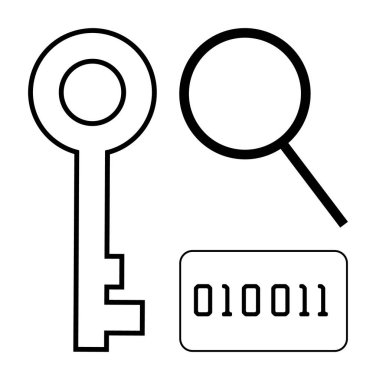 Key and magnifying glass beside binary code to symbolize cybersecurity, encryption, privacy, data access, problem-solving, programming, and information retrieval. Ideal for simple flat metaphor