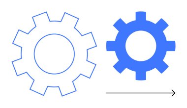 Gear transitioning from outline to solid with forward arrow symbolizes progress, upgrades, innovation, and efficiency. Ideal for technology, growth, process improvement, engineering, strategy