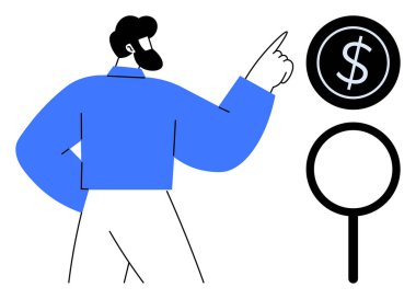 Person in blue shirt gestures towards a dollar sign within a circle, alongside a magnifying glass. Ideal for finance, business strategy, investment, wealth management, market research, economic