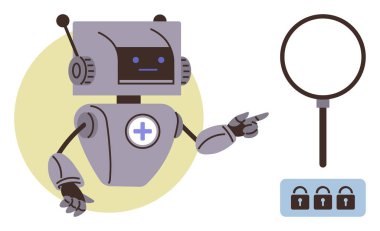 Robot pointing at magnifying glass and lock icons, illustrating security, technology, and research. Ideal for cybersecurity, AI, innovation, problem-solving, data privacy investigation and digital