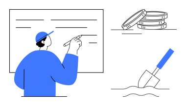 Person writing on a whiteboard while coins and a shovel illustrate planning, growth strategies, and resource allocation. Ideal for business, planning, finance, investment, strategy, education