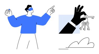 Man wearing VR headset gestures, exploring virtual space. Hand holding keys emphasizes access, opportunity, and technology. Ideal for innovation, technology, creativity, security progress