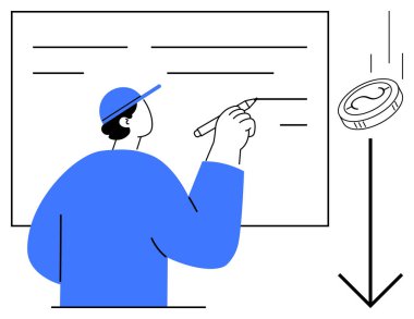 Man writing on board with pen falling coin and arrow symbolizing economic challenges. Ideal for finance, investment, loss, planning, economics, money management, simple flat metaphor
