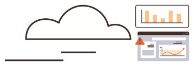 Cloud with linked screen displays, bar graph, and chart marked by warning alert. Ideal for data analysis, cloud computing, cybersecurity, performance tracking, data monitoring, IT solutions simple
