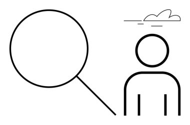 Magnifying glass next to minimal outline of a person with small cloud. Ideal for research, analysis, focus, observation, discovery, human processes, insights. A simple flat metaphor
